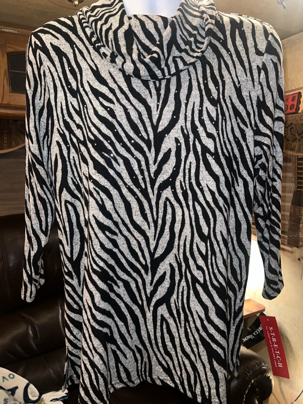 Black and Cream Zebra Print Cowl Neck Women's Sweater